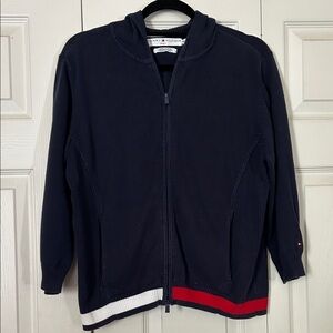 TOMMY HILFIGER Vintage X-Large Navy Blue Zip-Up Sweater Hood Ribbed Accents